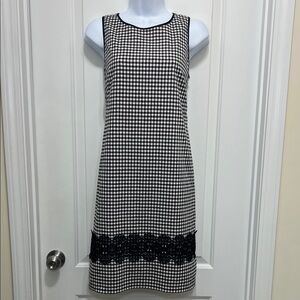 Sleeveless Black & White Gingham Shift Dress with Lace Trim